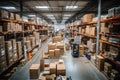 A large warehouse with many items and rows of shelves with many boxes Royalty Free Stock Photo