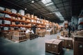 A large warehouse with many items and rows of shelves with many boxes Royalty Free Stock Photo