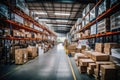 A large warehouse with many items and rows of shelves with many boxes Royalty Free Stock Photo