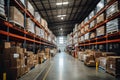 A large warehouse with many items and rows of shelves with many boxes Royalty Free Stock Photo