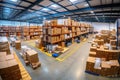 A large warehouse with many items and rows of shelves with many boxes Royalty Free Stock Photo