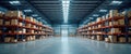 Large warehouse with modern shelving system filled with cardboard boxes. Efficient storage, distribution system. Illuminated by Royalty Free Stock Photo