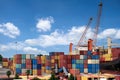 Large warehouse of shipping containers in the open air in the seaport Royalty Free Stock Photo