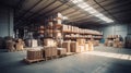 Large warehouse space with high racks and a forklift. Concept of logistics, supply chain solutions, and bulk merchandise Royalty Free Stock Photo