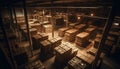 Large warehouse stack crates, boxes, and containers generated by AI