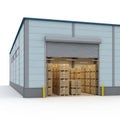 A large warehouse with a wide open loading dock door and stacked boxes inside Royalty Free Stock Photo