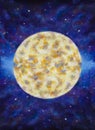 A large warm glowing moon in a blue violet starry space.