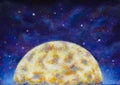 A large warm glowing moon in a blue violet starry space.