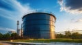 Large water tank with blue sky are support cooling tower in electric power plant. Generative AI Royalty Free Stock Photo