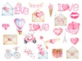 Large watercolor set of elements for Valentine\'s Day