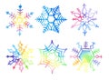 Large watercolor set of rainbow snowflakes.