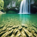 Large waterfall with forest and water running down over the rocks Royalty Free Stock Photo