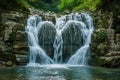 A large waterfall with a powerful rush of water cascading down, creating a stunning display of natures force, A heart made of