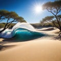 large wave is coming out of desert landscape with trees in the distance and a Royalty Free Stock Photo