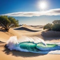 large wave is coming out of desert landscape with trees in the distance and a Royalty Free Stock Photo