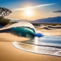 large wave is coming out of desert landscape with trees in the distance and a Royalty Free Stock Photo