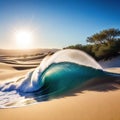 large wave is coming out of desert landscape with trees in the distance and a Royalty Free Stock Photo