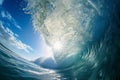 A Large Wave Crashing in the Middle of the Ocean, A view from the bottom of a towering wave, with the sun shining through, AI