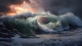 A large wave crashing into the ocean with a bright sun setting behind it, AI Royalty Free Stock Photo
