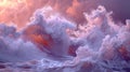 A large wave is crashing into the ocean with a pink sky, AI Royalty Free Stock Photo