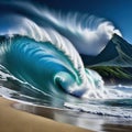 large wave crashing into the shore of beach at night time with mountain in