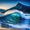 large wave crashing into the shore of beach at night time with mountain in