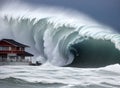 large wave flaring, beach, black and white, tsunami, powerful, dramatic, Ai generated