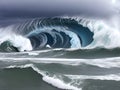 large wave flaring, beach, black and white, tsunami, powerful, dramatic, Ai generated