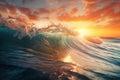 a large wave in the ocean with a sunset in the backgrouund of the wave and the sun shining through the clouds above it