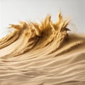 A large wave of sand sweeps across a desert landscape, rising and shifting as it moves