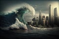 A large wave of water is approaching the city, a tsunami is a large natural phenomenon in the sea and ocean Royalty Free Stock Photo