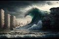 A large wave of water is approaching the city, a tsunami is a large natural phenomenon in the sea and ocean Royalty Free Stock Photo