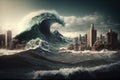 A large wave of water is approaching the city, a tsunami is a large natural phenomenon in the sea and ocean Royalty Free Stock Photo