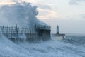 Large waves crash over Porthcawl sea defences, during Storm Eunice, South Wales, UK Royalty Free Stock Photo