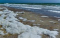 Large waves with foam near the shore during a strong storm, Black Sea, Ukraine Royalty Free Stock Photo