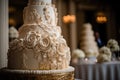 Large wedding cake decorated with a beautiful decor of cream. Generative Ai Royalty Free Stock Photo