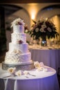 Large wedding cake decorated with a beautiful decor of cream. Generative Ai Royalty Free Stock Photo