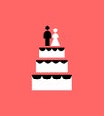 Large wedding cake and newlyweds figurines sign. Refreshment for wedding icon Royalty Free Stock Photo