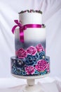 Wedding cake ornamented in rustic style blue and purple roses