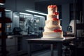 Large wedding cake on the table in the banquet hall.