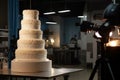 Large wedding cake on the table in the banquet hall.