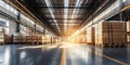 Large Well-Lit Warehouse with Stacked Wooden Pallets Royalty Free Stock Photo