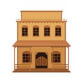 Large wester house with wood swinging doors and porch. Historical building. Old wild west saloon. Flat vector design