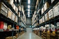 Large wharehouse with rows of shelves and goods boxes Royalty Free Stock Photo