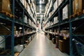 Large wharehouse with rows of shelves and goods boxes Royalty Free Stock Photo