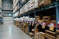 Large wharehouse with rows of shelves and goods boxes Royalty Free Stock Photo
