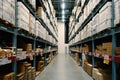 Large wharehouse with rows of shelves and goods boxes Royalty Free Stock Photo