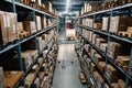 Large wharehouse with rows of shelves and goods boxes Royalty Free Stock Photo