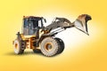 Large wheel loader or bulldozer with bucket raised. Construction equipment. Element for design. Transportation and movement of