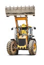 Large wheeled excavator loader or bulldozer on a white isolated background with a bucket raised up. Universal construction